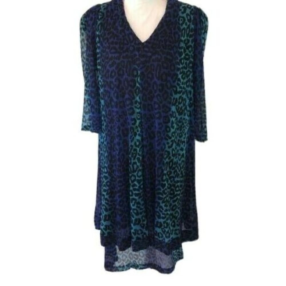 Puszta Midi Dress Size 10 Womens Vintage Layered Leopard Pattern Blue Black